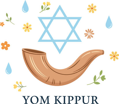 Yom Kippur Shofar and Star of David Graphic with Flowers and Drops