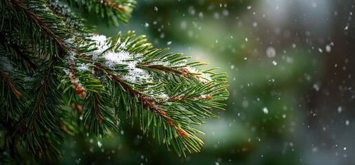 Close-up of evergreen branch covered in snow with falling snowflakes against a blurred background