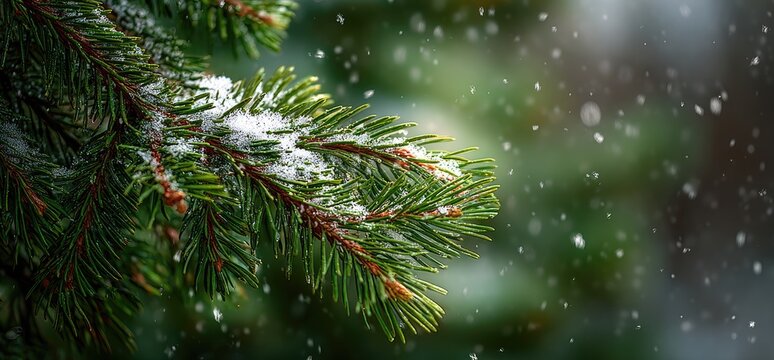 Close-up of evergreen branch covered in snow with falling snowflakes against a blurred background