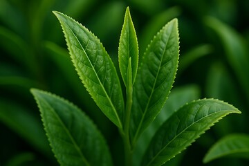 Green Tea Leaves Macro Close-Up &ndash; Detailed Texture with Vibrant Green Color, Tea, Herbal, and Healthy Concept