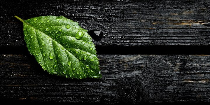 A vibrant green leaf, glistening with water droplets, lies on weathered, dark wooden planks