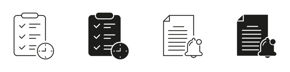 Checklist And Document With Clock And Bell Icon Set. Task Management, Deadline Tracking, And Reminder Notification Symbol. Productivity And Time Management Tools. Isolated Vector Illustration