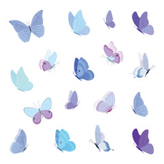 Butterfly collection. Colorful illustration. Butterflies clipart set. Baby shower design elements. Party invitation, birthday celebration. Spring, summer decoration. Pink yellow red wings