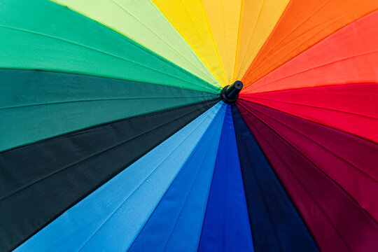 Close-up of a vibrant rainbow umbrella