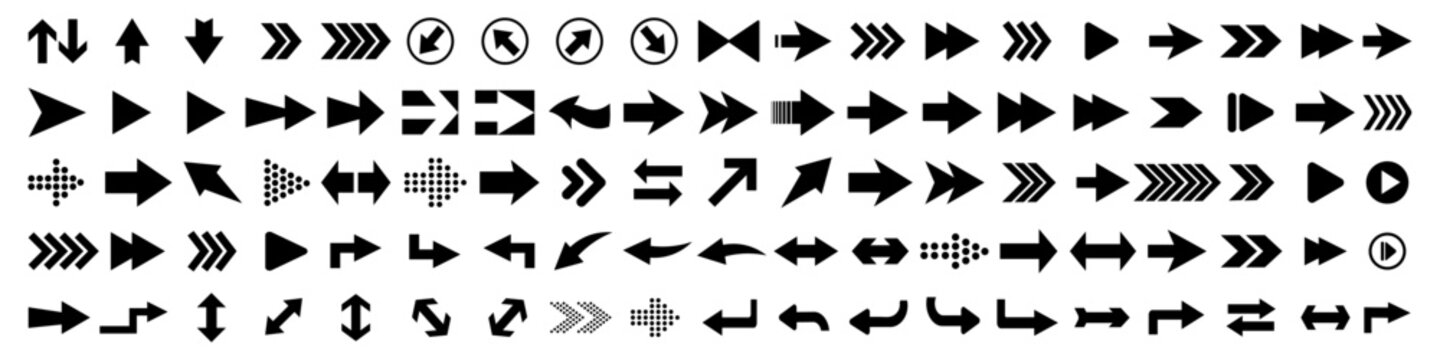 Arrow icon set. Arrow. Cursor. Black vector arrows icons. Collection of arrows sign. Modern simple arrows. Black arrow pointing to the right. Black direction pointer. Vector illustration