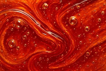 Macro shot of maple syrup texture, showing glossy surface and rich amber tones, perfect for sweeteners, desserts, and breakfast food concepts