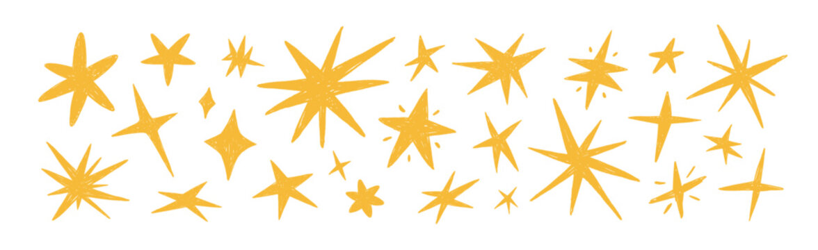 Stars, colored sketches, crayon and pencil textured drawings set. Hand-drawn chalk doodle sparkles, twinkle shapes, elements, rough kids style. Flat vector illustration isolated on white background.