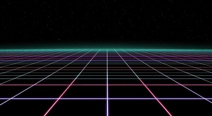 Synthetic neon grid receding to the horizon against a star-filled night sky