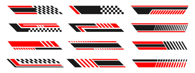 Racing car stripes set. Sport racing stripes. Checkered flag, motocross labels, dynamic lines, motorsport, racing stripe speed, sport decals. Speed and drift decal for car, bike and truck. Vector