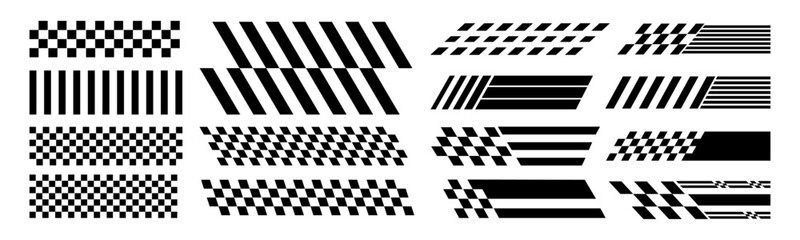 Racing Stripes and Checkered Flag Vector Set. Racing Banner Vectors speed Lines, checkered flag designs, racing stripe speed, decal patterns, dynamic lines, competition, automotive graphics design
