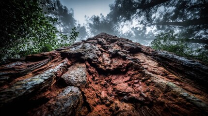 Tall tree trunk with dramatic perspective and overcast sky