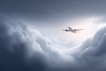 Passenger airplane flying through dramatic stormy sky. commercial aircraft on journey through dark clouds represents powerful and adventurous flight, symbol of travel
