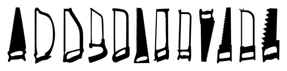 Hand saw or handsaw carpentry tools. Hand tools silhouette vector illustration. saw drill hammer set.