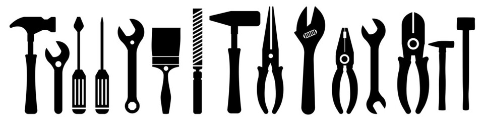 Silhouettes of tools and tools for construction, tools, house tools, handyman toolbelt, handyman toolbox, handyman, construction tool. 