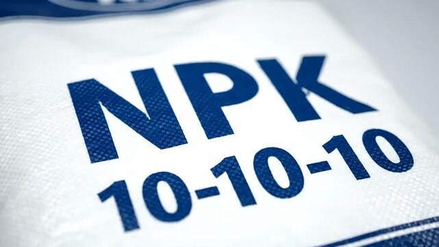 NPK Fertilizer Bag with Nutrient Ratio 10-10-10 on White Background