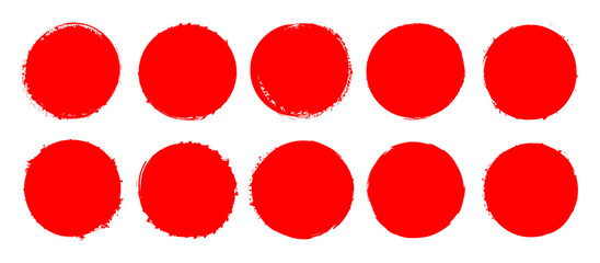 Collection of red grunge circles and shape. Grunge round shapes. Round brush stamp collection. Japanese and chinese calligraphy round shapes.