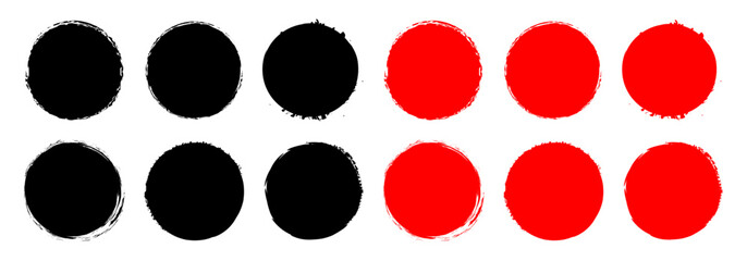 Collection of black and red grunge circles. Grunge round shapes. Round brush stamp collection. Japanese and chinese calligraphy round shapes.