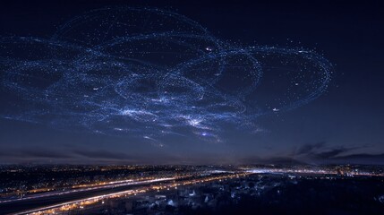 Dynamic aerial view of a city at night with glowing light trails, showcasing technological innovation and modern urban development