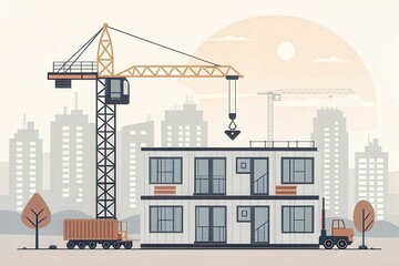 Obraz premium Construction site with crane lifting materials, modern buildings in background, urban setting