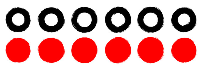 Grunge round shapes. Collection of black and red grunge circles. Round brush stamp. Japanese and chinese calligraphy round shapes. 