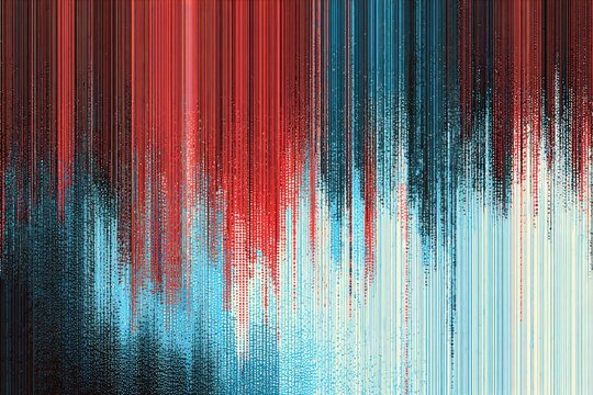 Abstract vertical color bands in red, blue, and black with a digital glitch effect