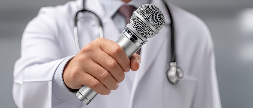 Doctor holds microphone ready to share health information at medical conference event in modern hospital setting - Powered by Adobe
