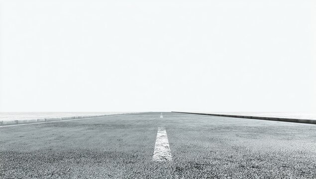 Monochrome image of a straight road extending towards a bright, featureless horizon