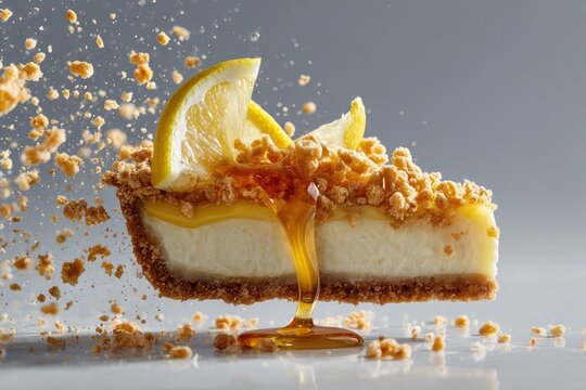 A close-up shot of a slice of a citrusy dessert, with crumbs and syrup mid-air