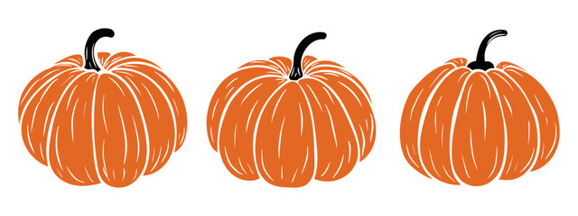 Halloween pumpkin on white background. Orange pumpkin silhouette. Pumpkins in various shapes. Pumpkin simple flat icons vector 