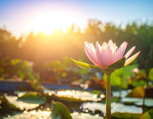 A serene pink aquatic bloom, lit by bright sunshine. The flower is in focus against a blurred background of green foliage and water