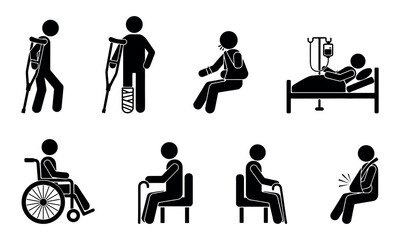 Stickman medical and disability vector icons set in minimalist black style showing wheelchair, crutch, patient and hospital care concept, perfect for healthcare, clinic and infographic use