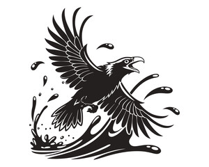 Obraz premium A dynamic black ink illustration of a raven in mid-flight, with wings spread wide, surrounded by abstract splashes and droplets