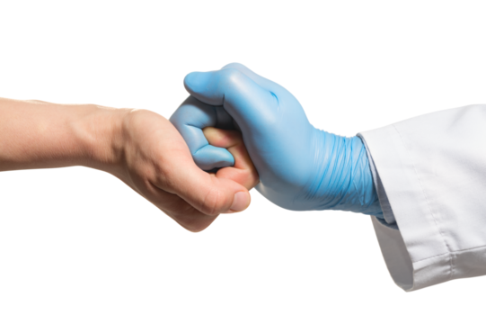 High quality PNG hand of doctor in blue latex glove is embraces the hand of patient on transparent background. Metaphor of doctor care.