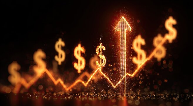 Glowing orange arrow ascends through dollar signs, showing upward trend against a black background