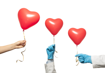 PNG set with three hands, two in medical gloves and one bare, holding red heart-shaped balloons on a ribbon. Transparent background. Symbol of care, love, and health support.