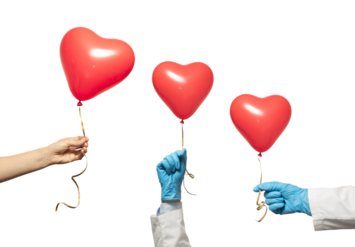 PNG set with three hands, two in medical gloves and one bare, holding red heart-shaped balloons on a ribbon. Transparent background. Symbol of care, love, and health support.