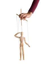 PNG image of a marionette puppet on strings held by a human hand. Isolated on transparent background. Concept of manipulation, mind control, and influence.