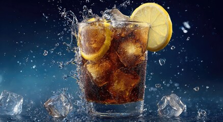 Refreshing beverage a drink in a glass with ice cubes and lemon slice, with water splash