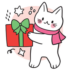 Illustration of Cat with Christmas Gift.
