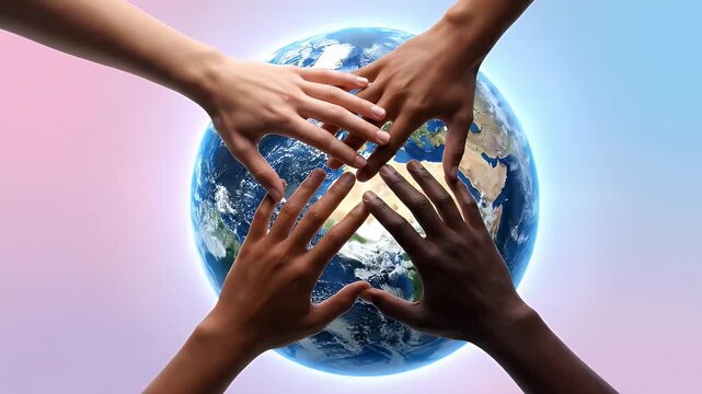 Diverse Hands Reaching Towards a Glowing Earth Globe diversity unity