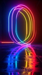 Colorful, neon-lit overlapping circles, reflecting on a wet surface
