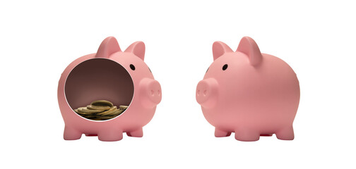 PNG image of two piggy banks — one whole and one cut open to show coins inside. Isolated on transparent background. Concept of savings, finance, and investment.