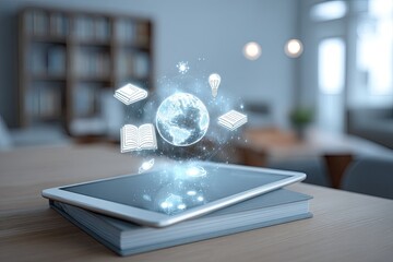 A tablet rests on a stack of books; a digital globe and floating icons symbolize knowledge