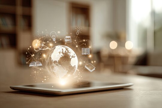 A glowing Earth floats above a tablet with digital icons signifying learning and knowledge