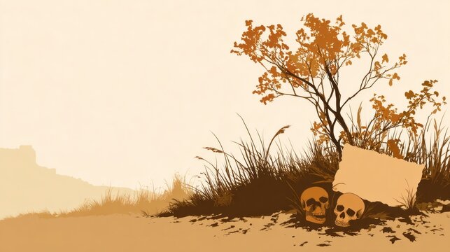 A spooky minimal illustration showcases two skulls resting in grass near a withered tree. Autumn leaves fall softly, adding to the eerie atmosphere of the deserted setting - Powered by Adobe