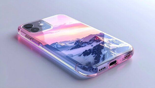 iPhone 12 with a scenic mountain sunset wallpaper, showcasing a clear protective case.