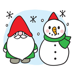 Illustration of Gnome and Snowman with Red Hats