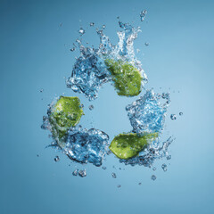 Water splashes and green leaves form recycling symbol, emphasizing environmental conservation