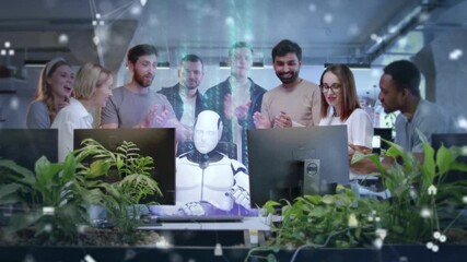 Diverse team of employees gathering around humanoid robot sitting at computer with glowing holographic data above. Colleagues smiling and applauding new AI innovation in modern tech office. - Powered by Adobe