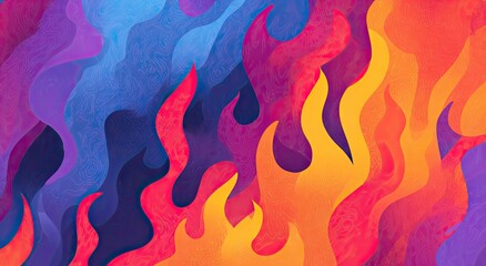 Abstract artwork with vibrant, layered, undulating shapes resembling flames and color gradients